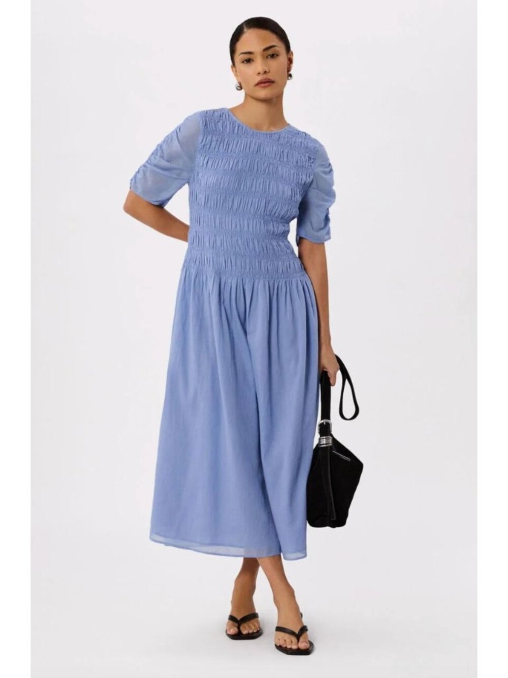 WHISTLES London Pale Blue Petite Avery Smocked Midi Dress Size 12 P